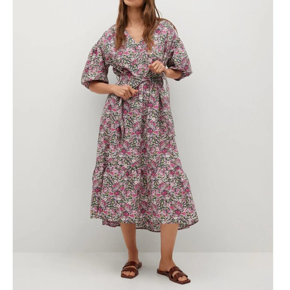 Mango Linda Puff Sleeve Floral Midi Dress Pink Green Medium 6